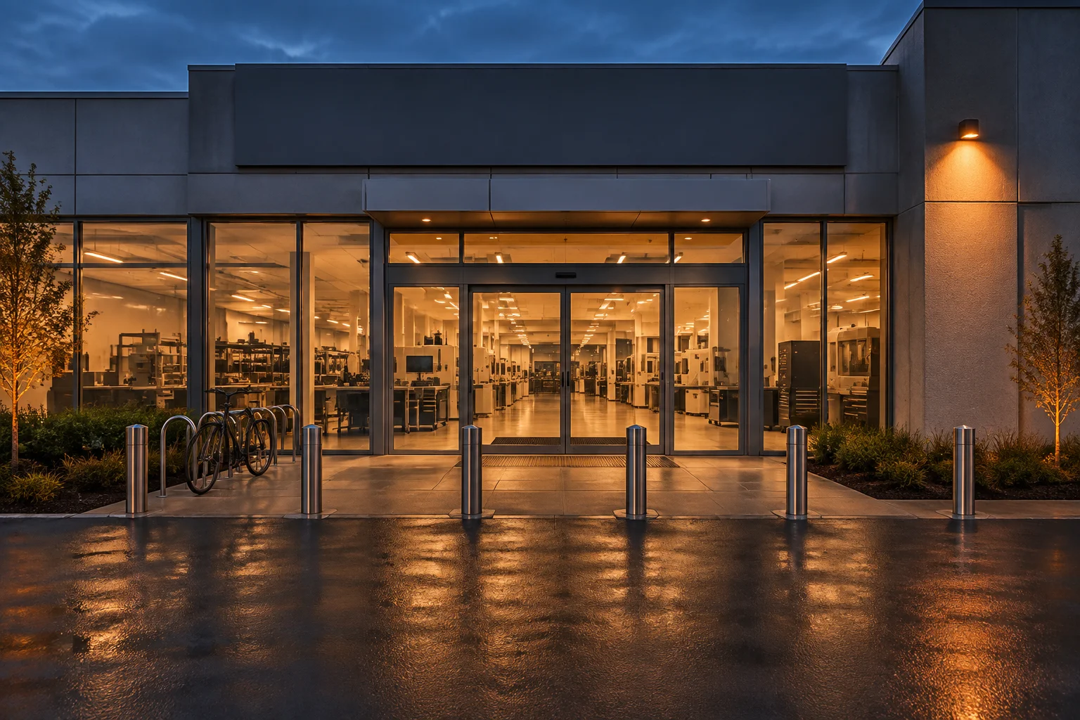 Exterior of the Zanker Road plant in San Jose with the dispatch bays and the entrance canopy