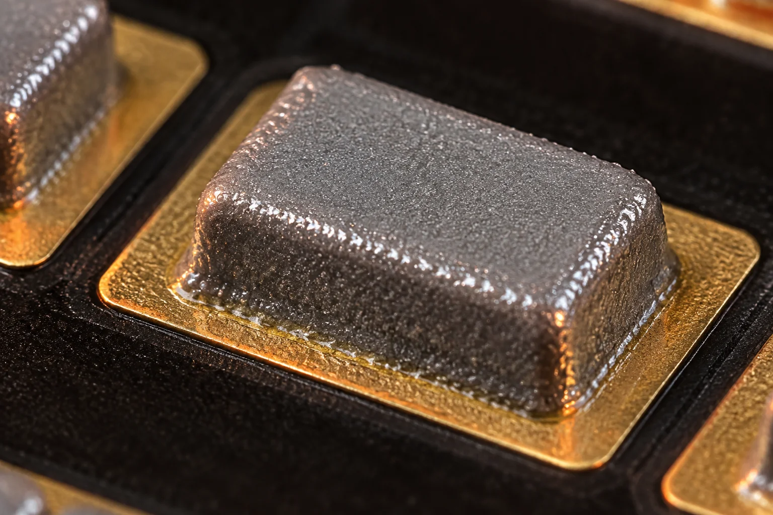 Macro view of a printed solder paste deposit on a circuit pad with a visible stencil-release edge