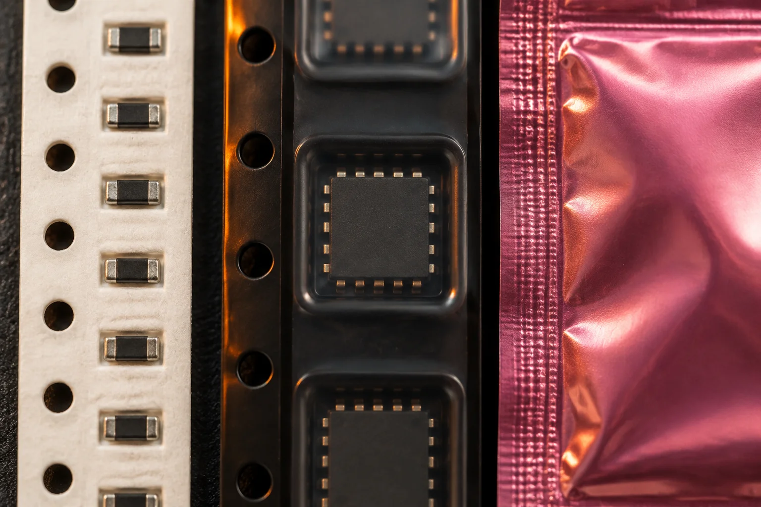 Paper tape, embossed carrier tape with a QFN and a sealed moisture-barrier bag laid side by side