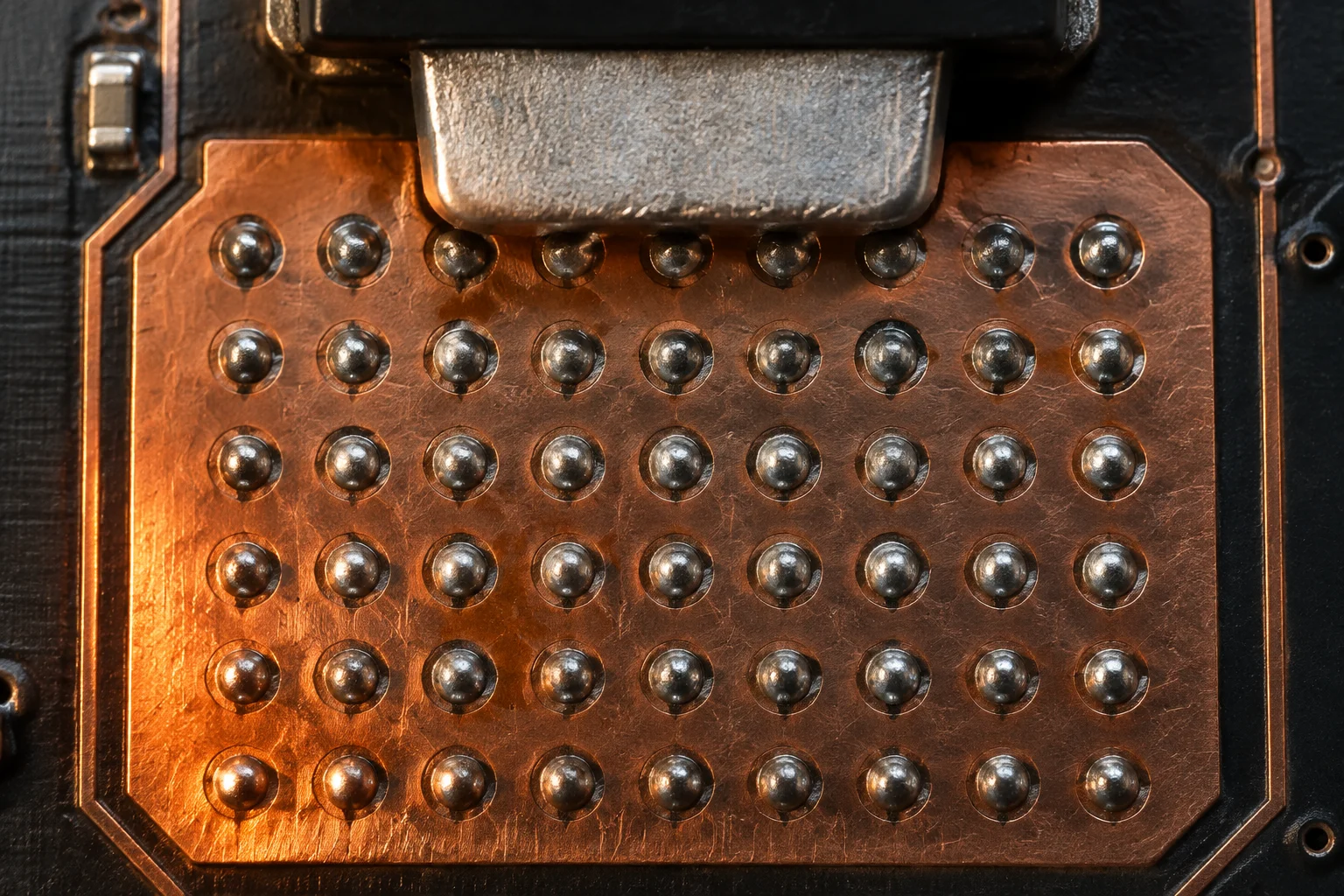 Grid of filled thermal vias beneath an exposed copper pad on a power board