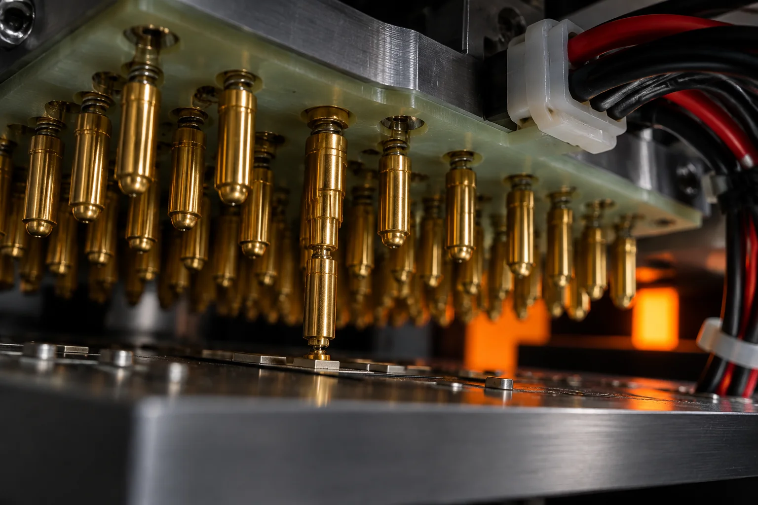 Underside of a functional test fixture showing a dense bed of spring-loaded pogo pins