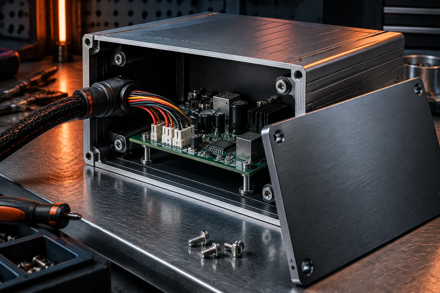 Operator fitting a wire harness and connector into a sheet-metal enclosure on an assembly bench