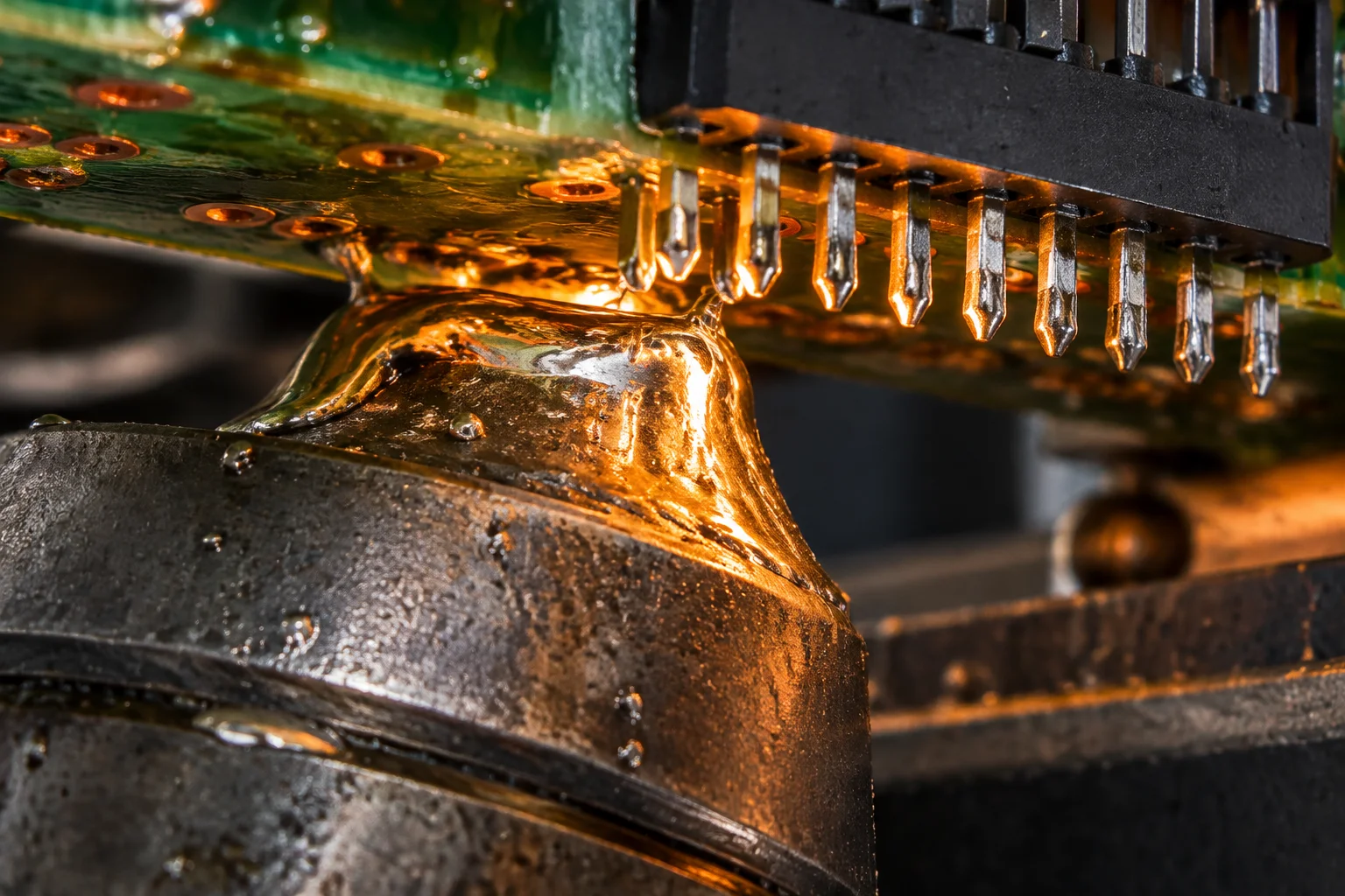 Molten solder from a selective nozzle wetting the leads of a through-hole connector under a board