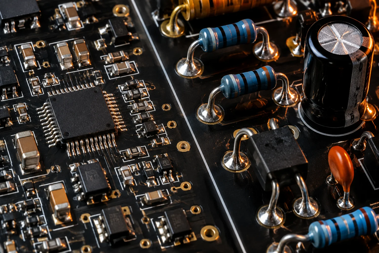 One board showing a reflowed surface-mount field beside hand-soldered through-hole joints
