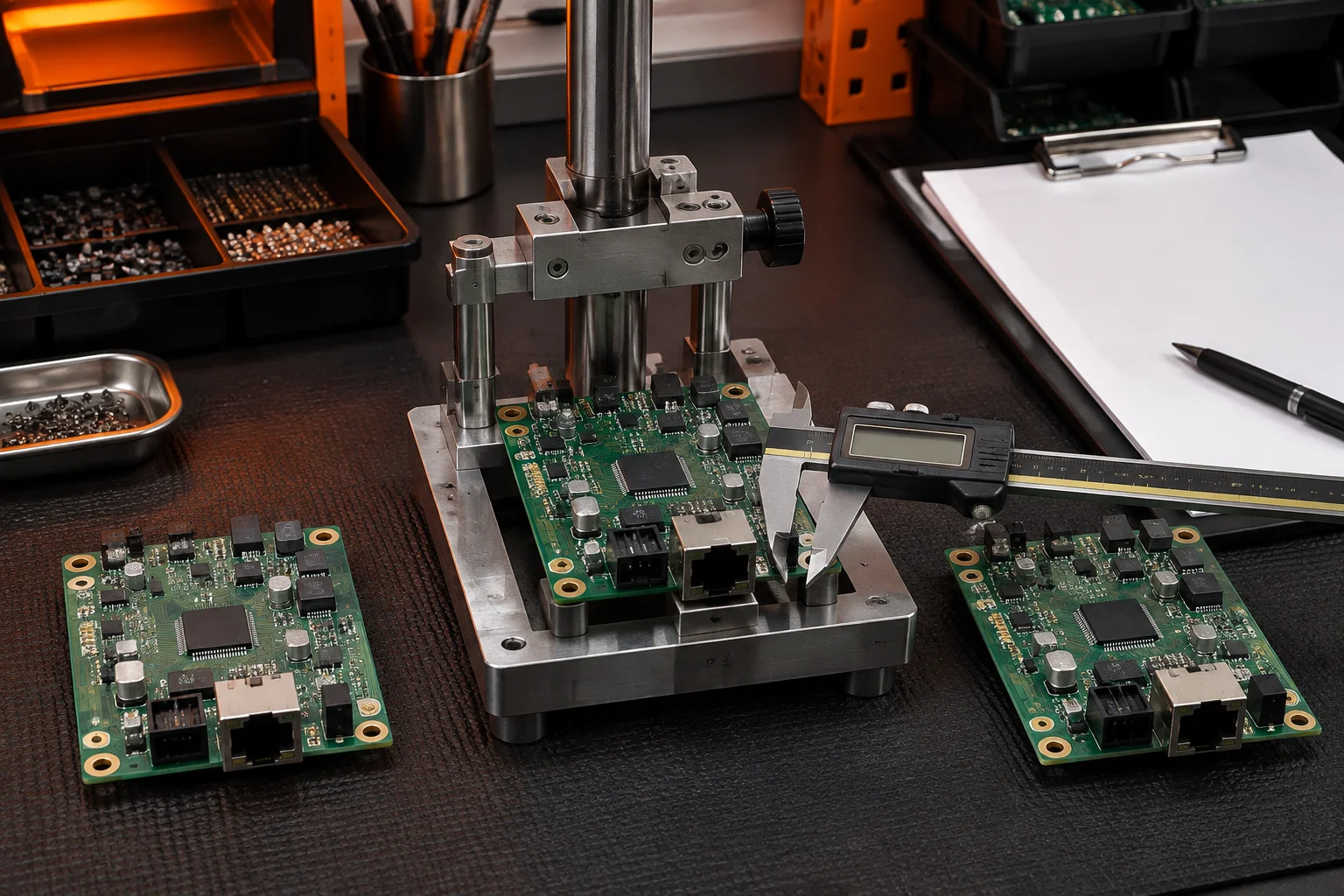 Prototype boards in a first-article inspection fixture with a caliper on a connector
