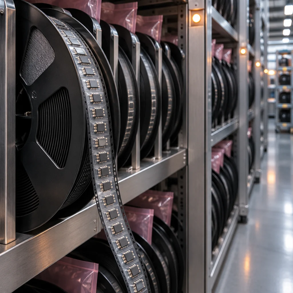 Reels of surface-mount components in an ESD-controlled store, each labelled with a manufacturer part number and date code