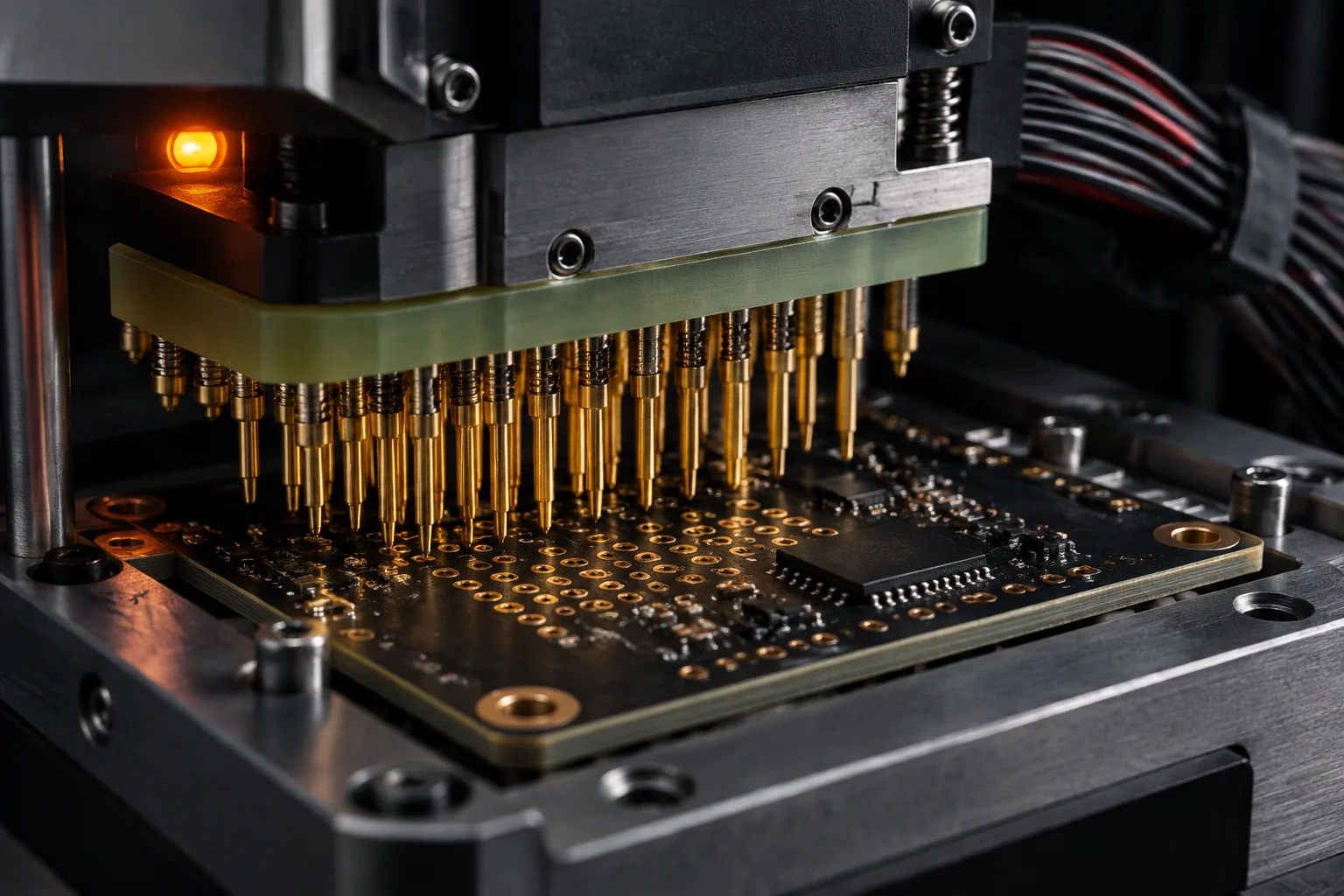 Functional test fixture with spring probes lowered onto a printed circuit board assembly
