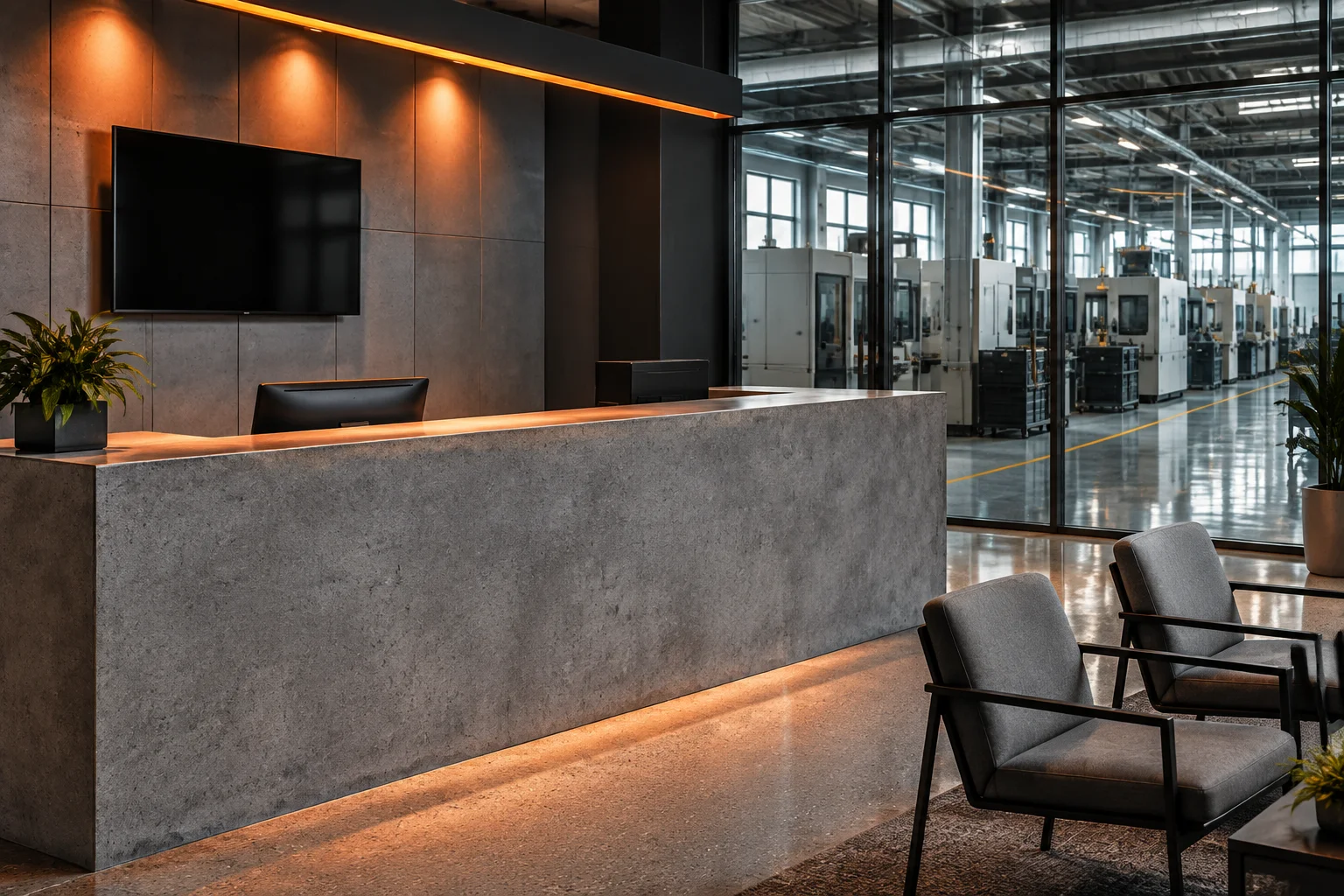 Reception and programme office at the San Jose plant, with a glass wall onto the SMT floor