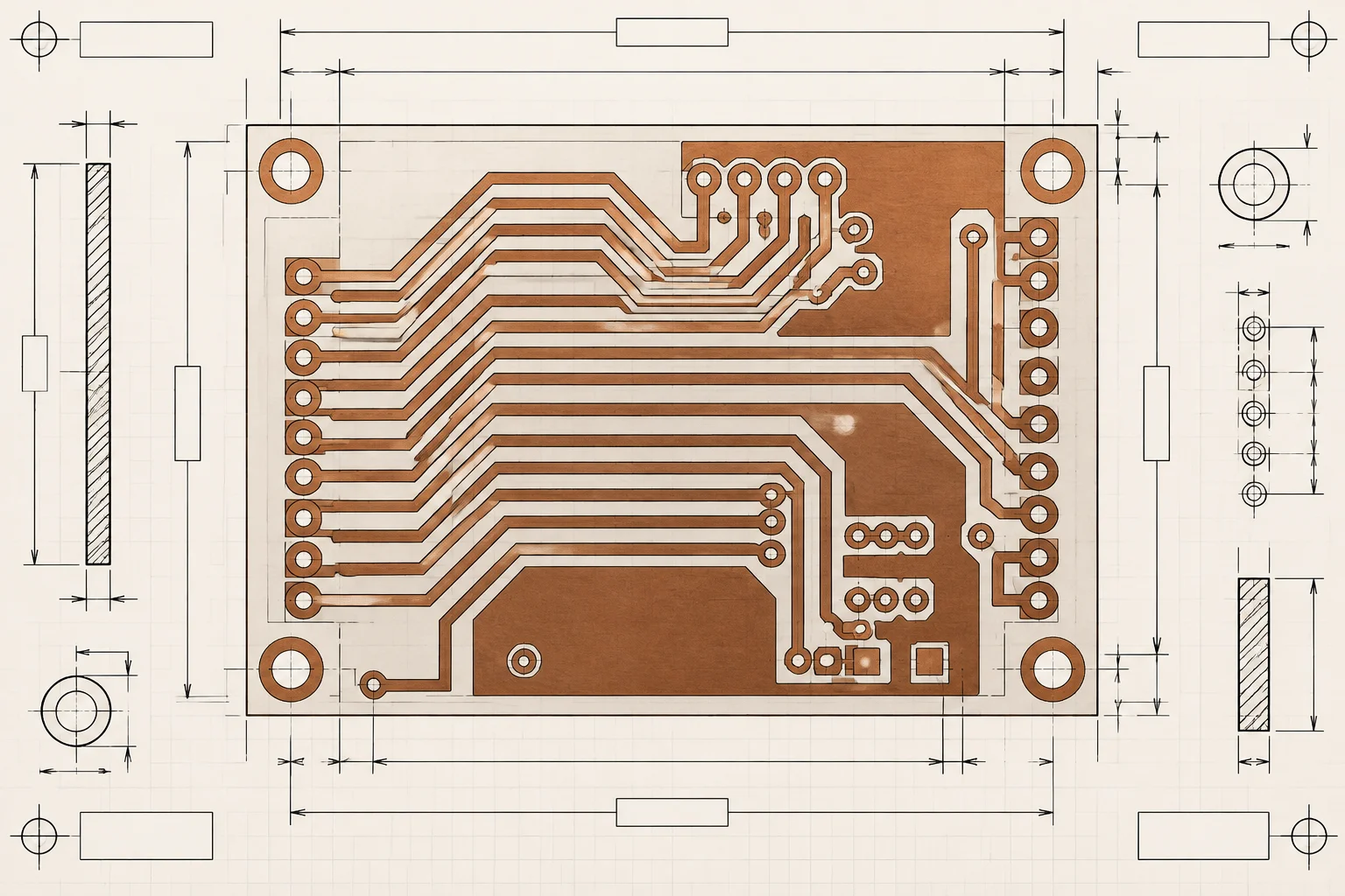 CAD layout of a printed circuit board open beside a panel drawing with dimension callouts