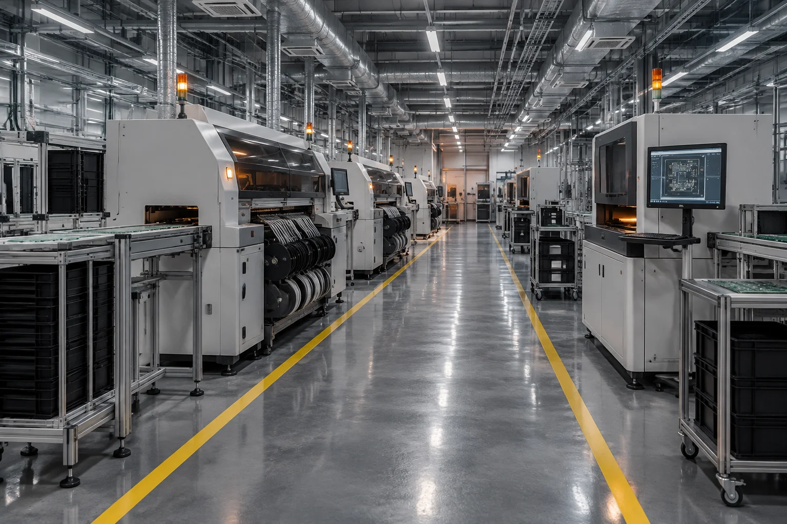 A wide view down an electronics assembly floor with two SMT lines on the left and an AOI station on the right