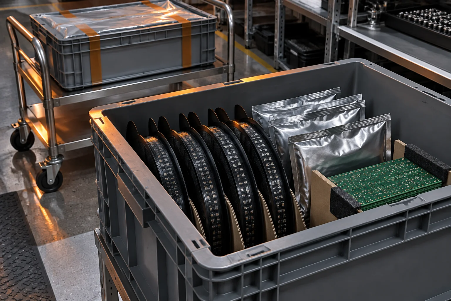 A grey conductive tote holding component reels, moisture-barrier bags and a stack of bare boards at a kitting station