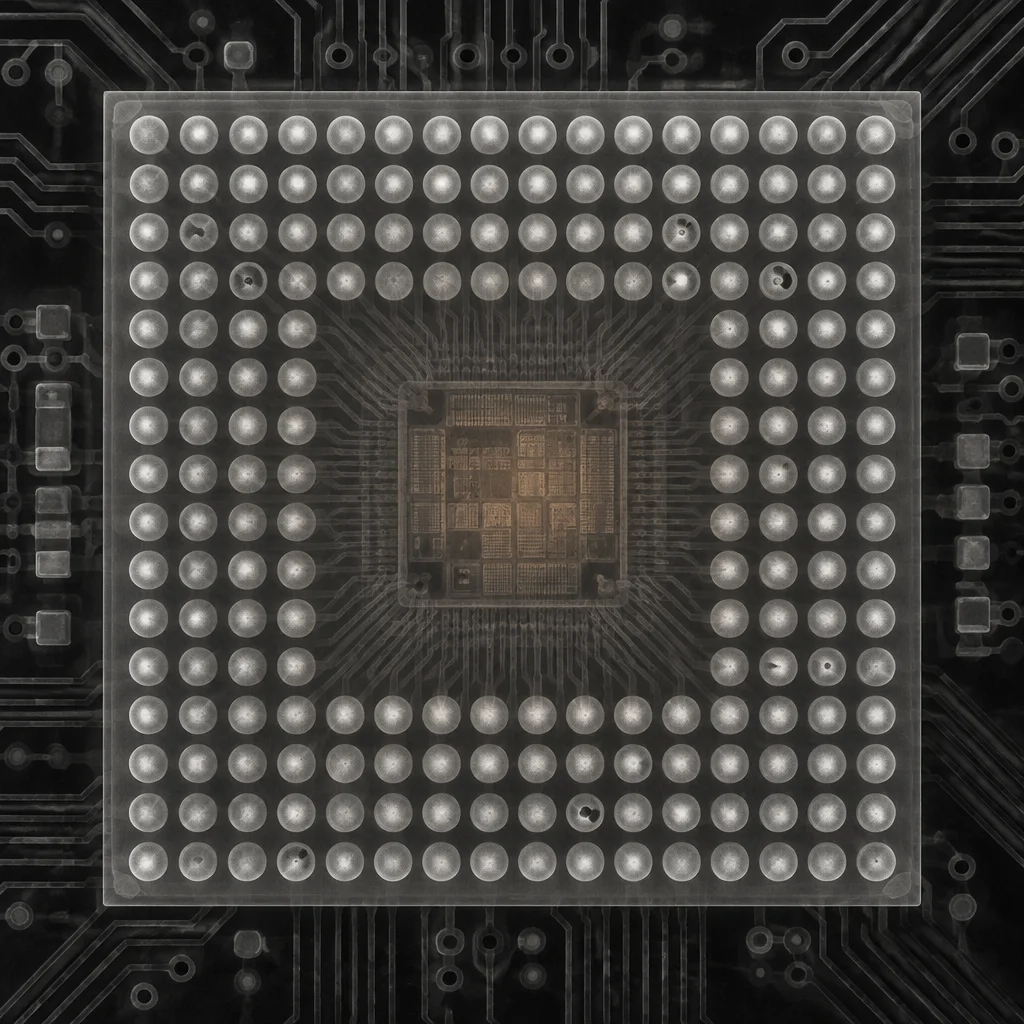 An X-ray plate showing a ball-grid-array package with voids visible as small dark circles inside the spheres