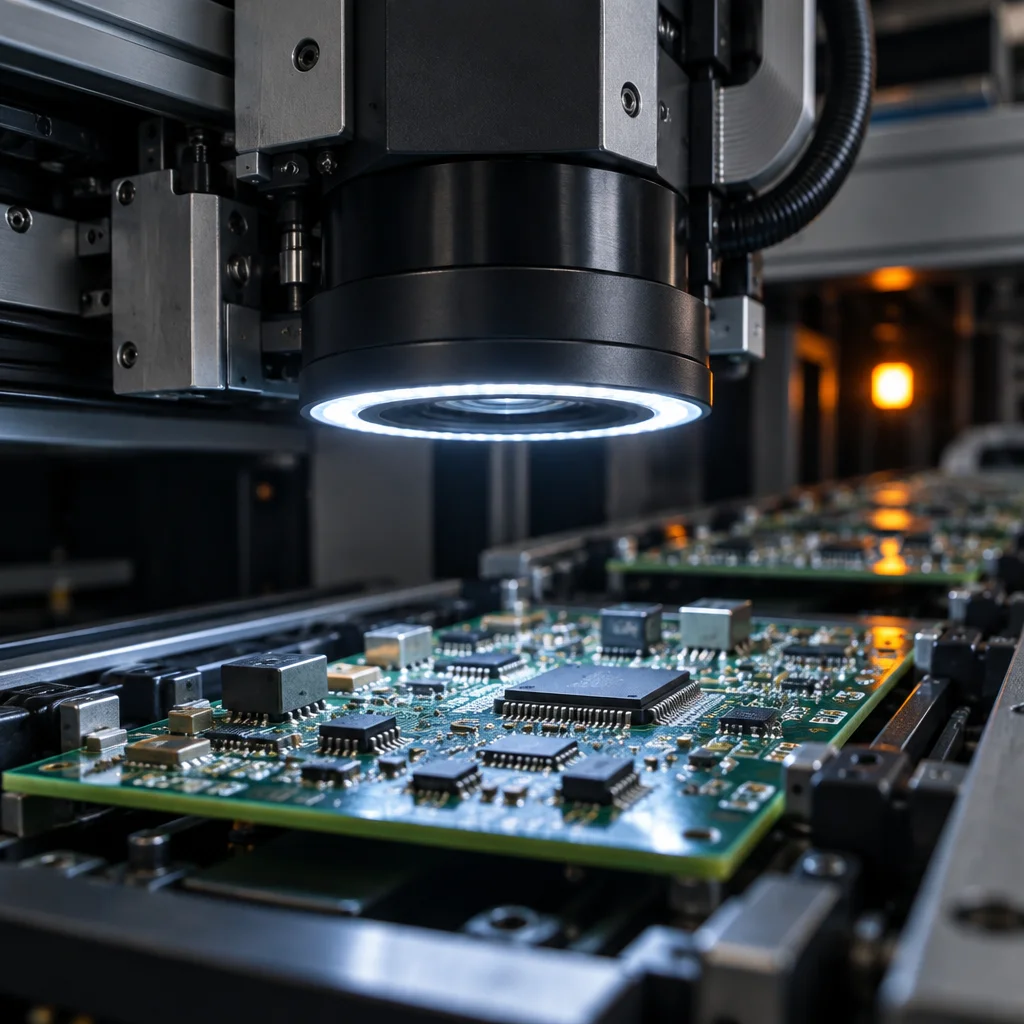 An inline AOI camera head with its ring light on, hovering above a populated board on the conveyor