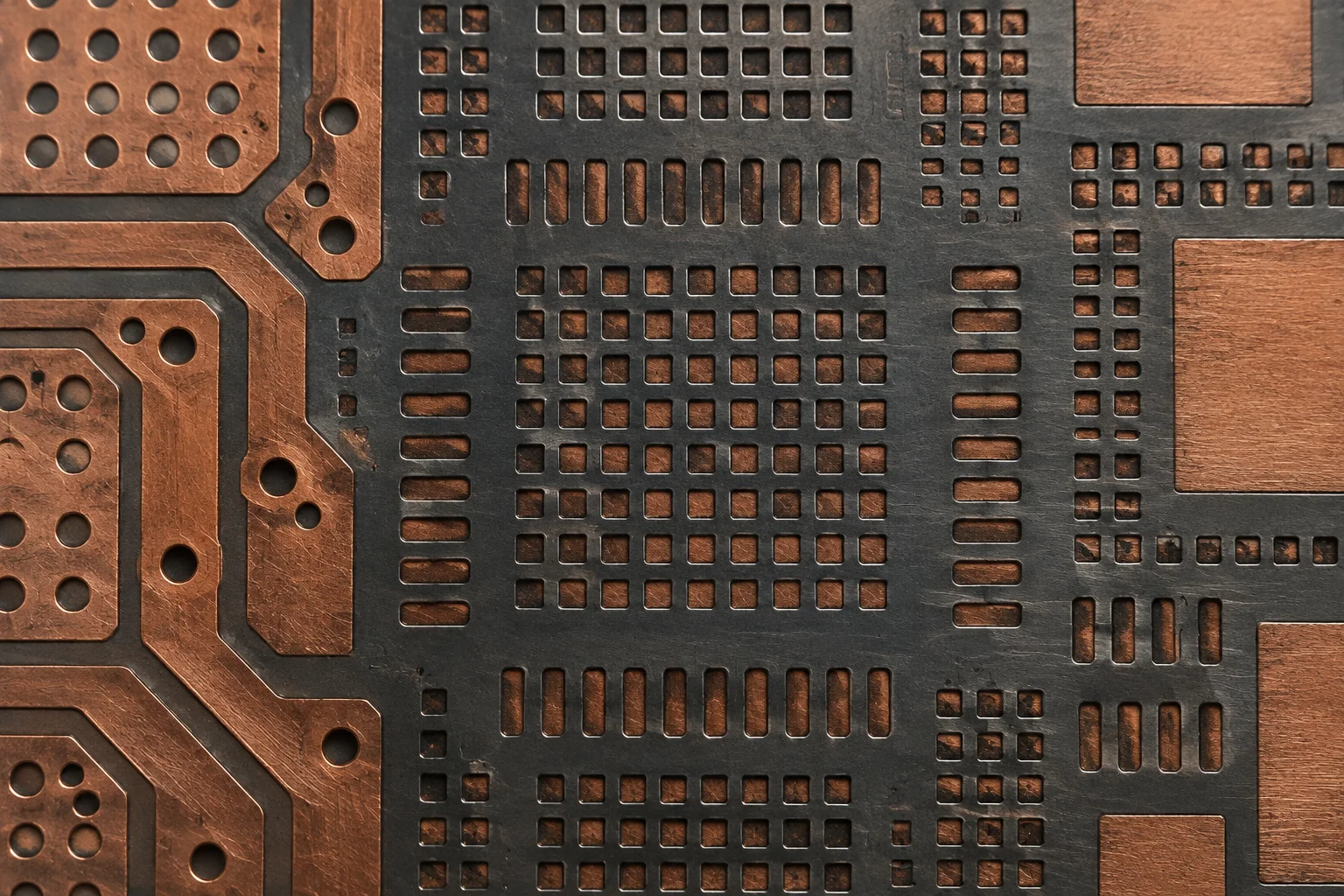 A macro field of laser-cut stencil apertures over a bare copper ground pour, reading as an abstract graphite and copper texture
