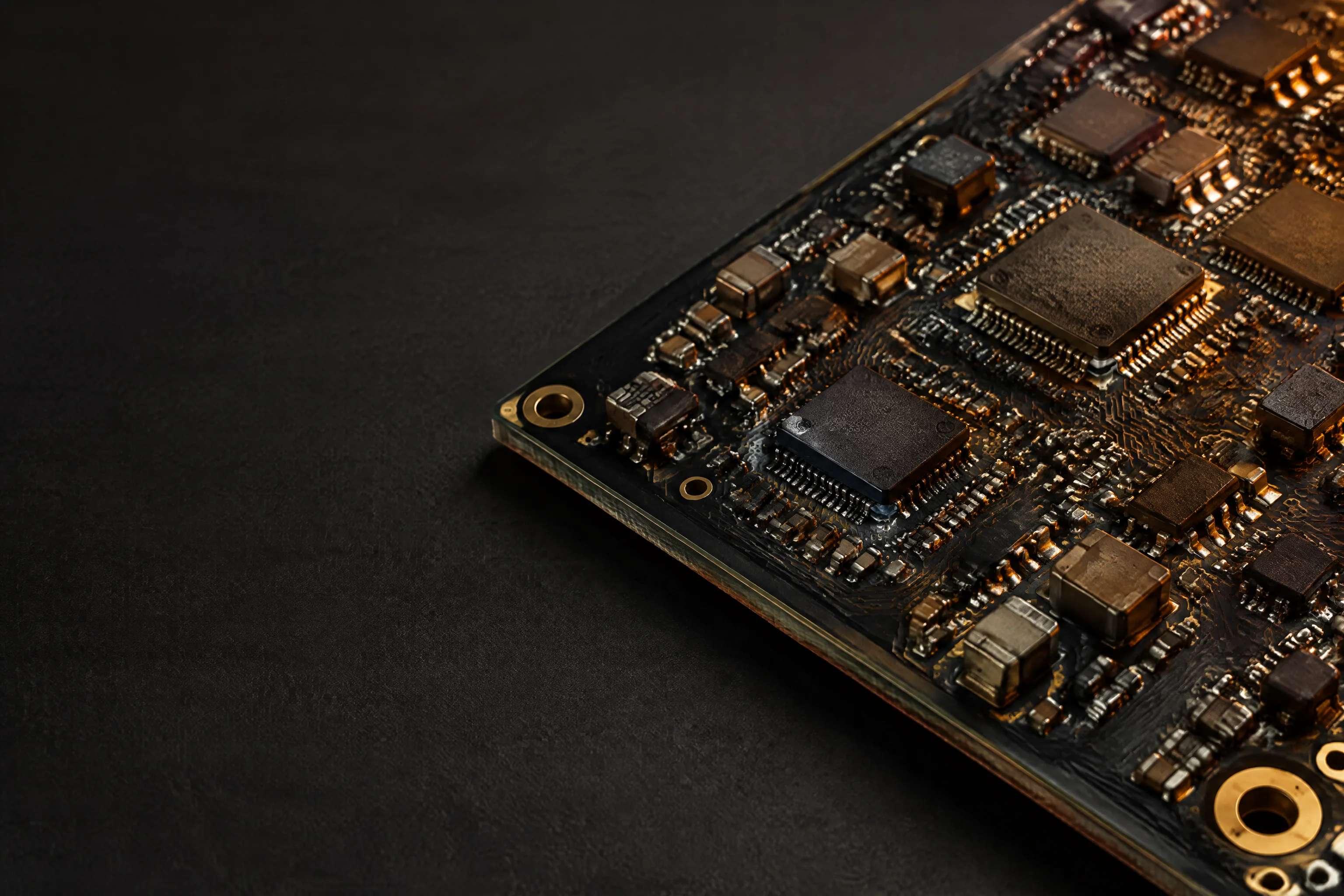 A densely populated six-layer board after reflow, chip components and copper traces receding into shadow under raking light
