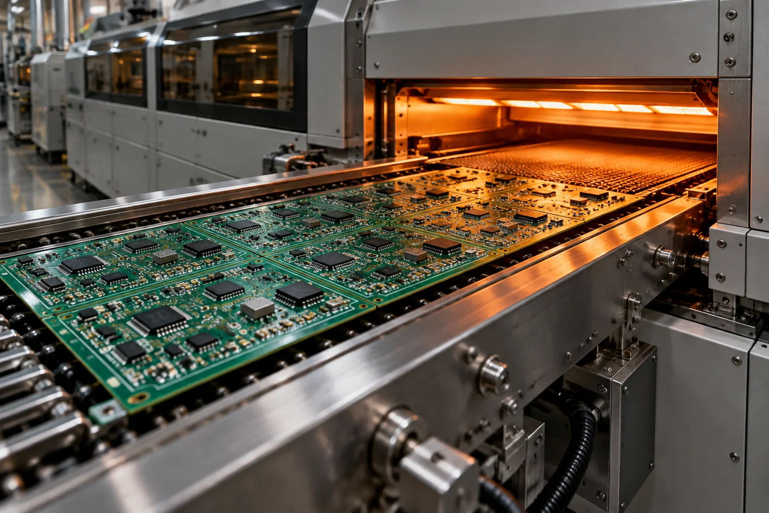 A panel of boards riding stainless conveyor rails into the mouth of a twelve-zone reflow oven