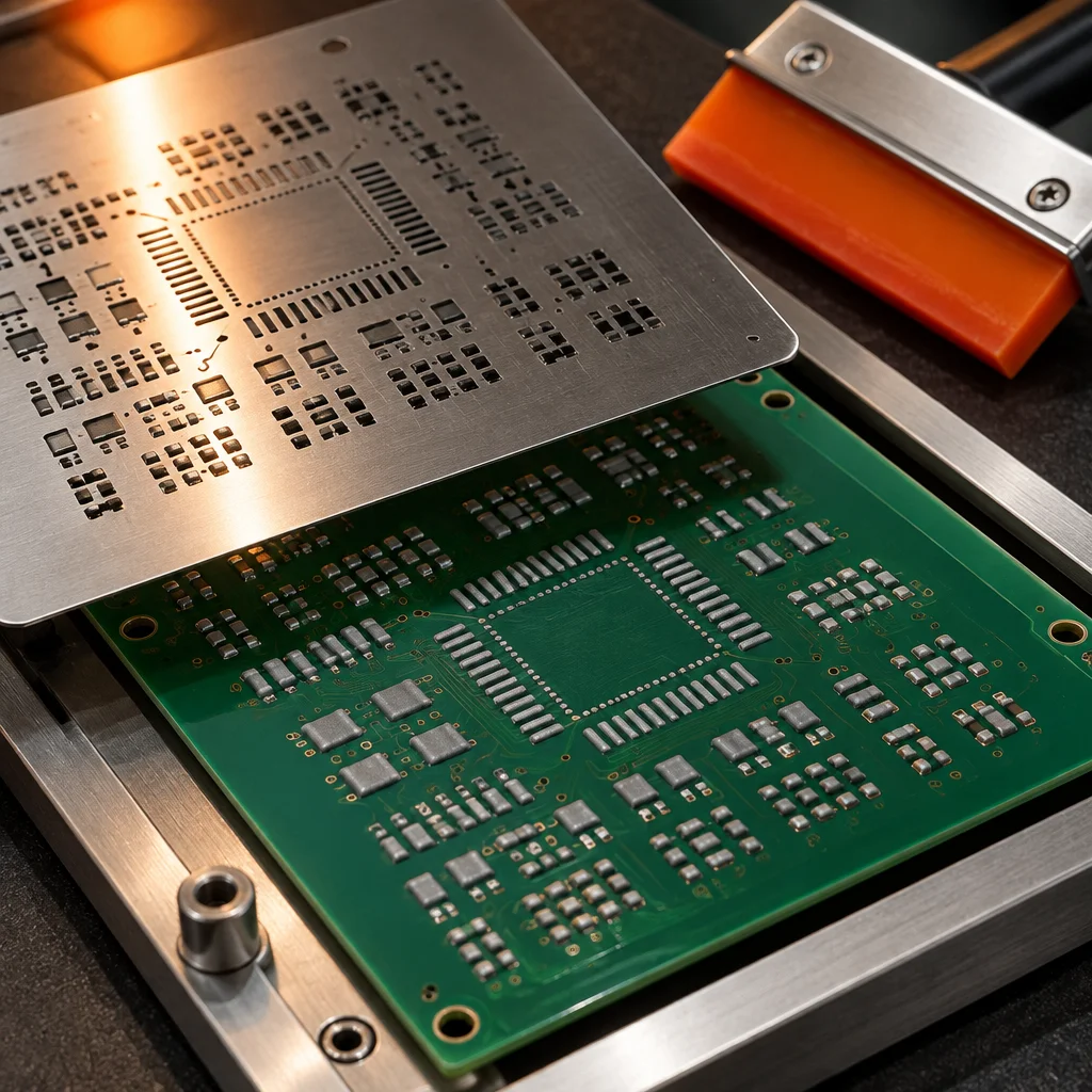 A laser-cut stainless stencil lifted clear of a board already printed with rows of grey solder paste
