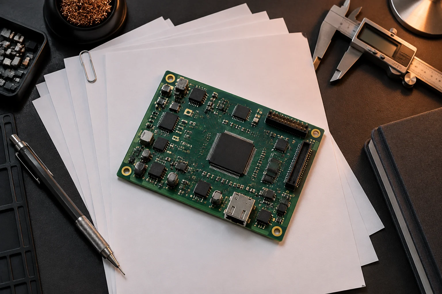 Order traveller, Gerber printout and a partly assembled board on an engineer's desk