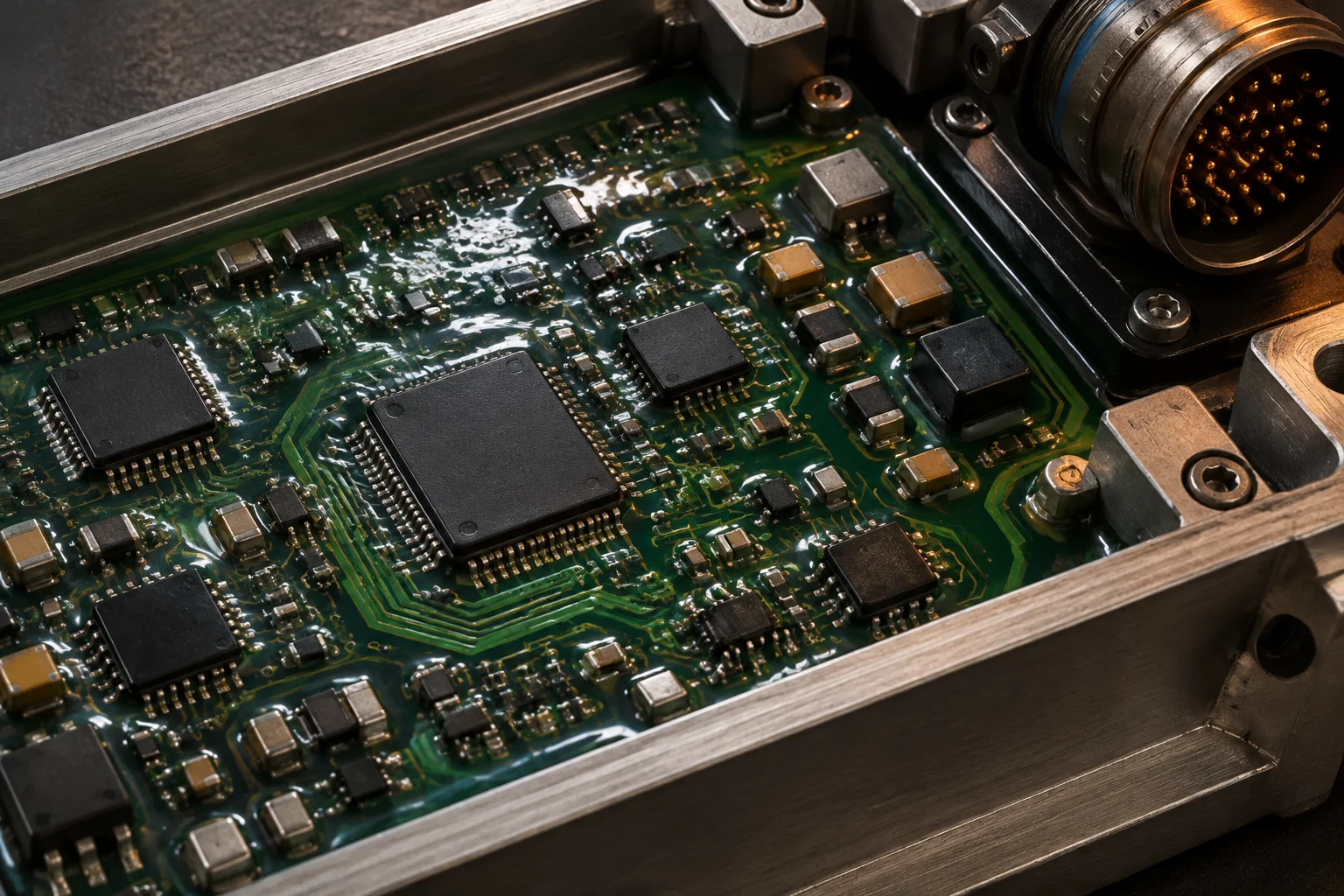 Conformal-coated avionics circuit card seated in a machined aluminium retention frame