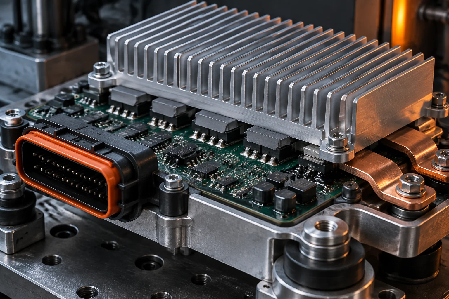 Automotive control unit clamped in a vibration fixture with a bolted heat sink