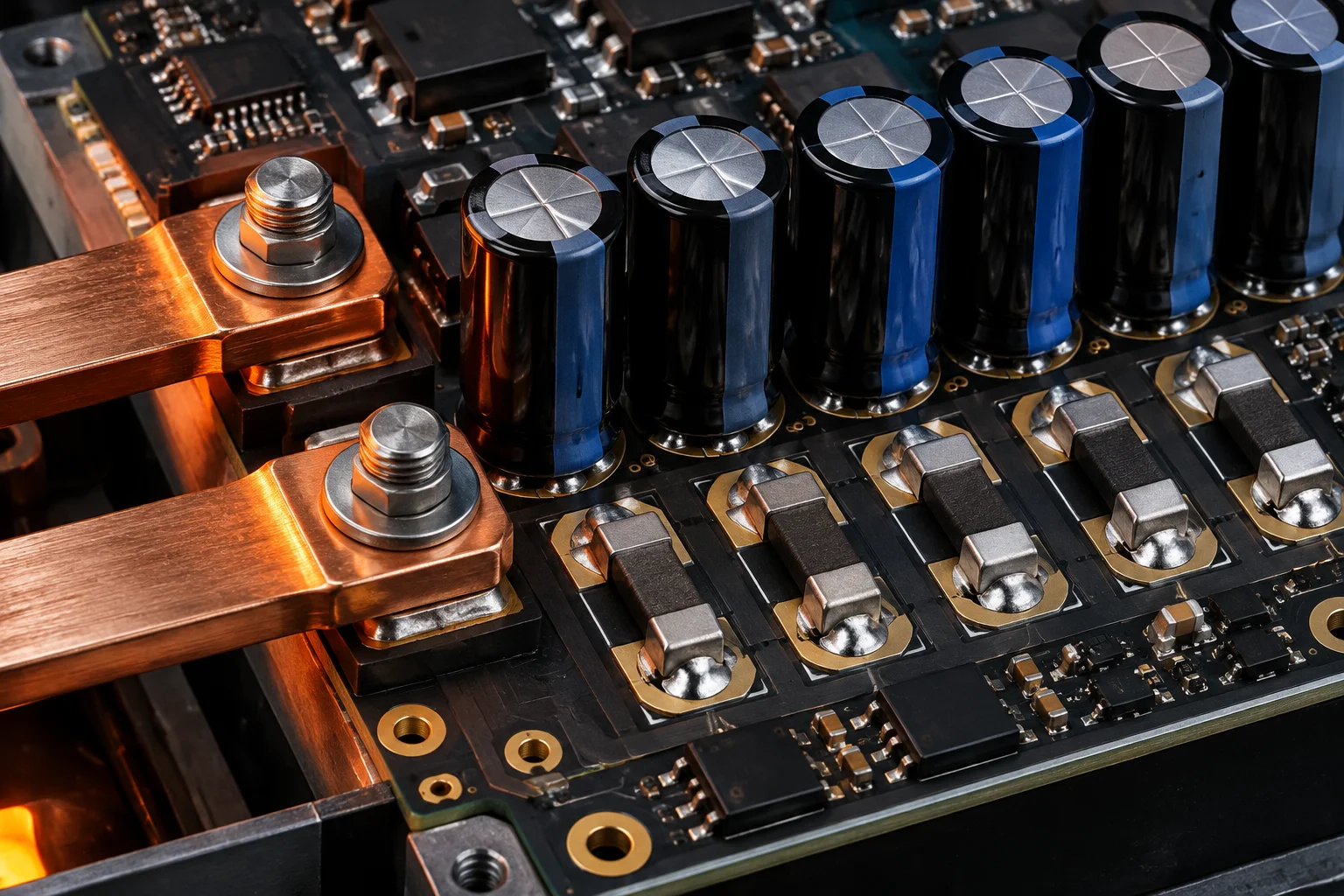 Heavy copper power board with bus bars and thermal vias under inspection light