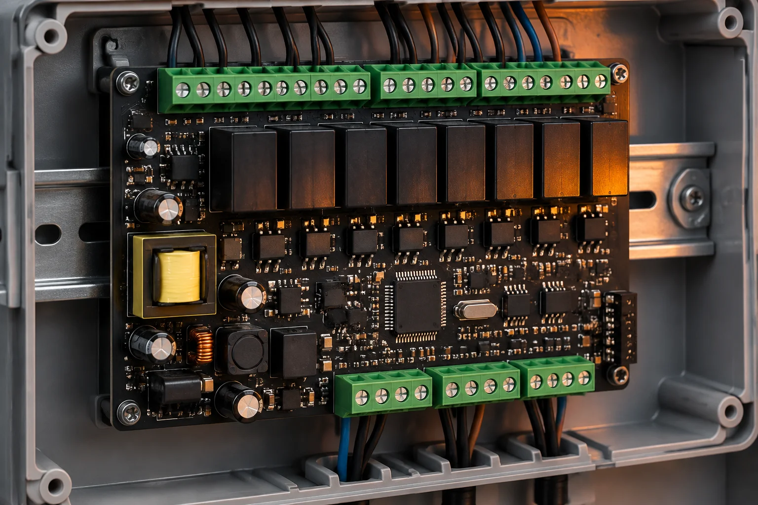Industrial DIN-rail controller assemblies on a test bench with a coated board in the foreground