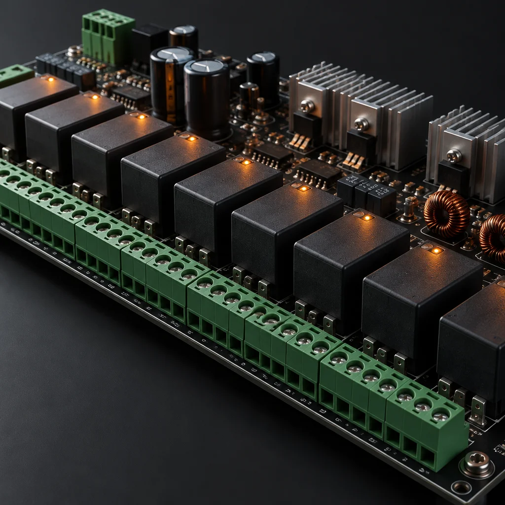 A control board photographed at a raking angle, a row of relay cans and a screw-terminal block along the near edge