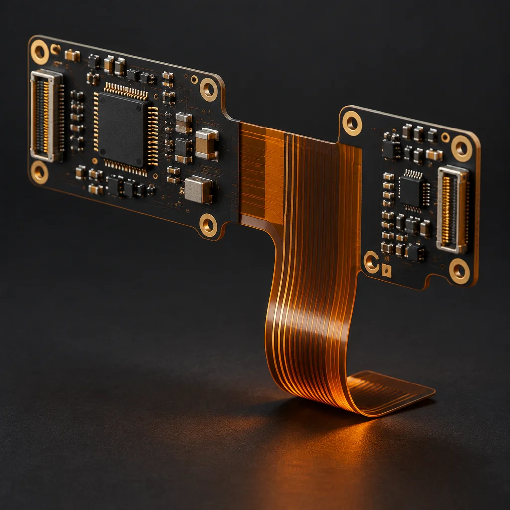 A rigid-flex assembly standing on edge, the polyimide flex tail curling forward under its own weight