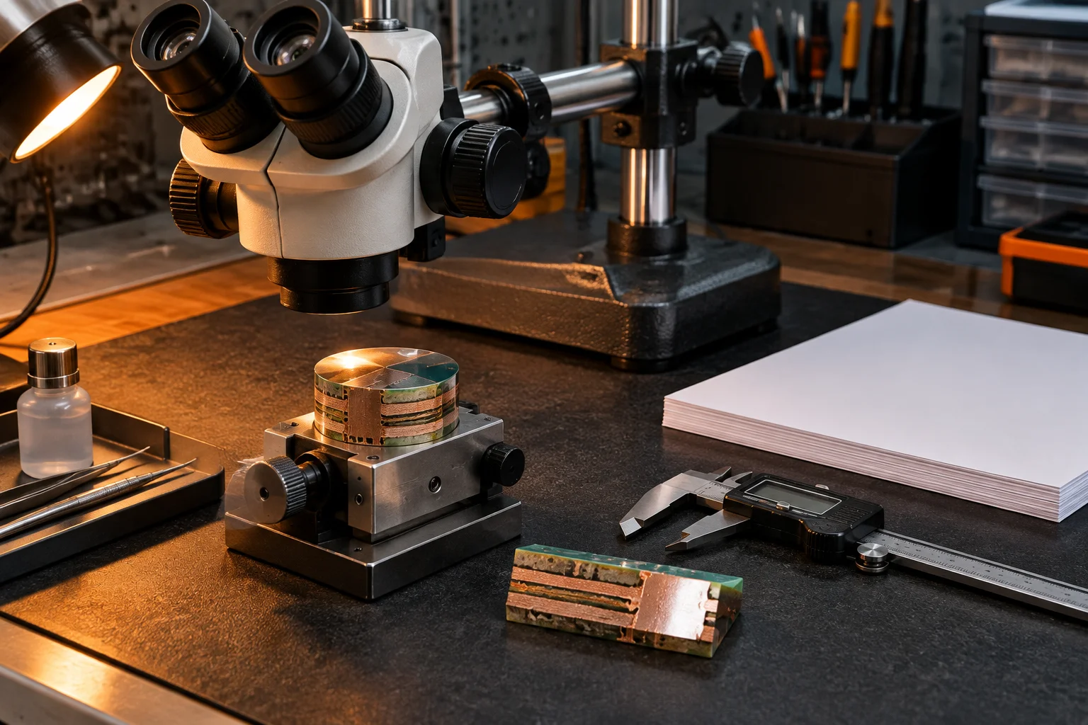 A metrology bench with a stereo microscope on a boom arm, a cross-section coupon in mounting resin and digital calipers