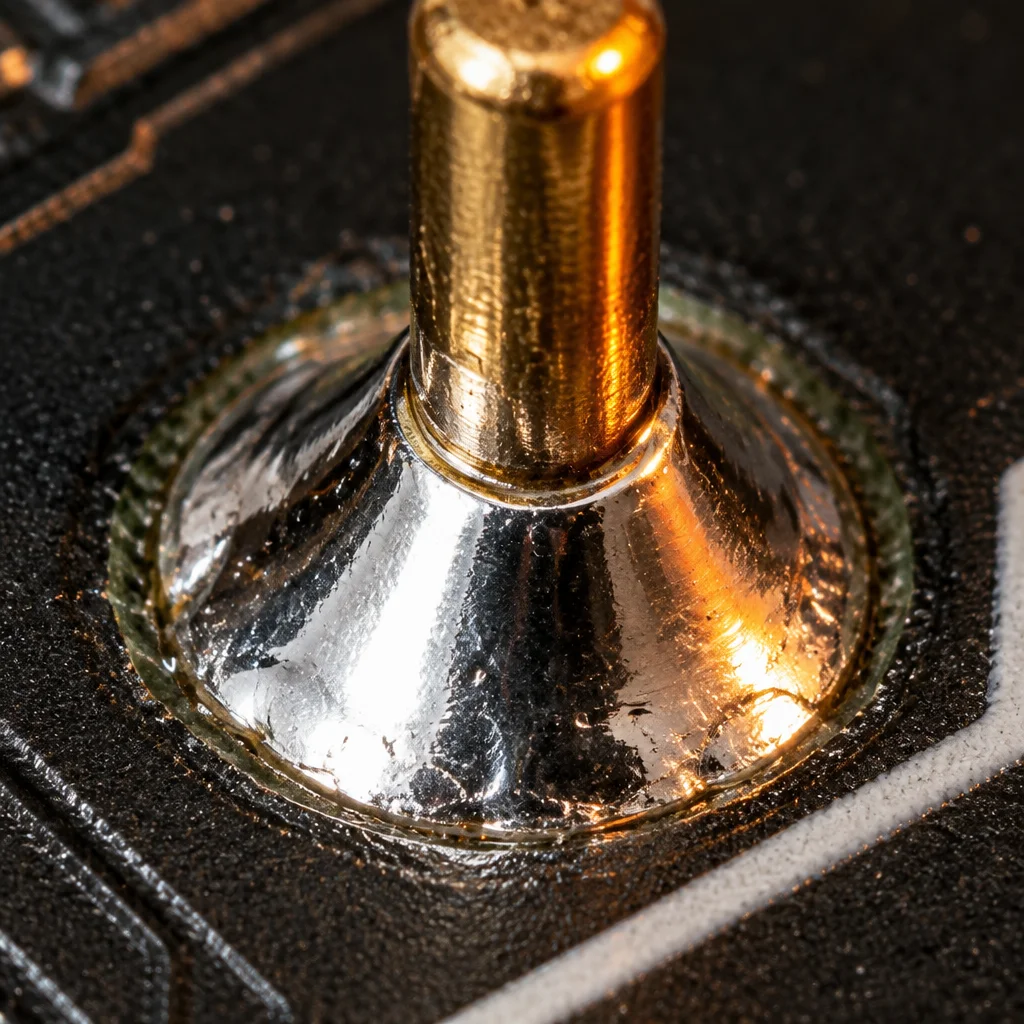 A macro view of a through-hole solder joint with a bright concave fillet wetted up a gold-plated pin