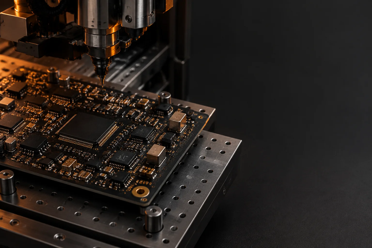 Placement head over a panel of control boards on the SMT line, with reflow ovens behind